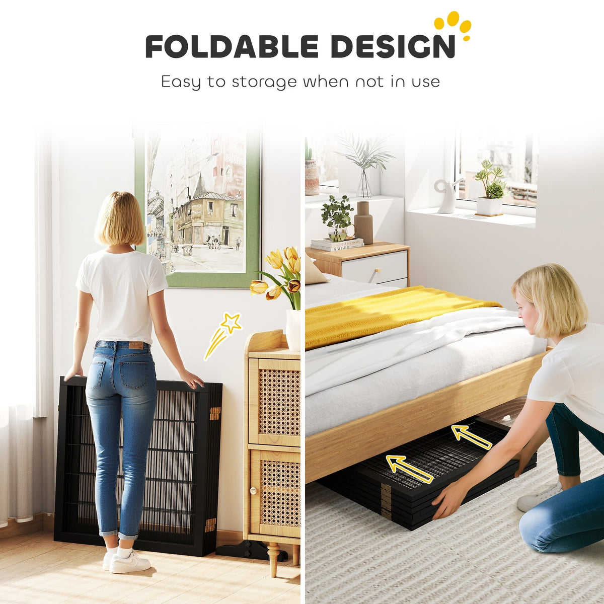 A woman folding the wooden dog barrier for storage and showing it stored under a bed