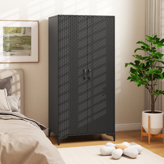 The black storage unit placed in a bedroom next to a bed and a potted plant