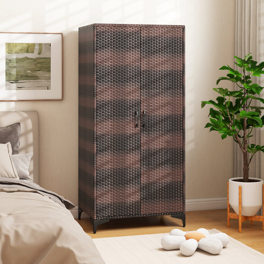 The brown rattan wardrobe armoire closet in a bedroom setting next to a bed
