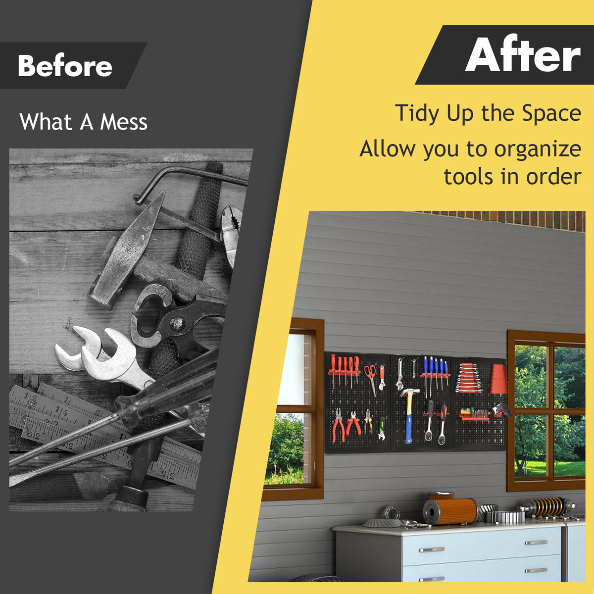 The pegboard organizer before and after showing a tidy tool storage solution