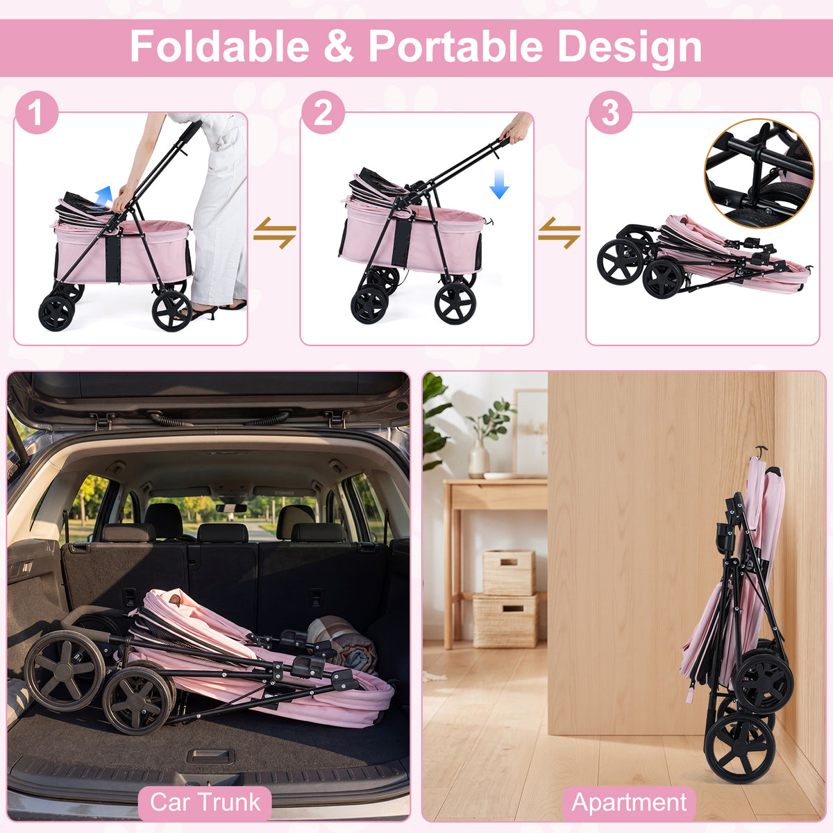 The dog stroller showing the folding mechanism and storage in a car boot and room