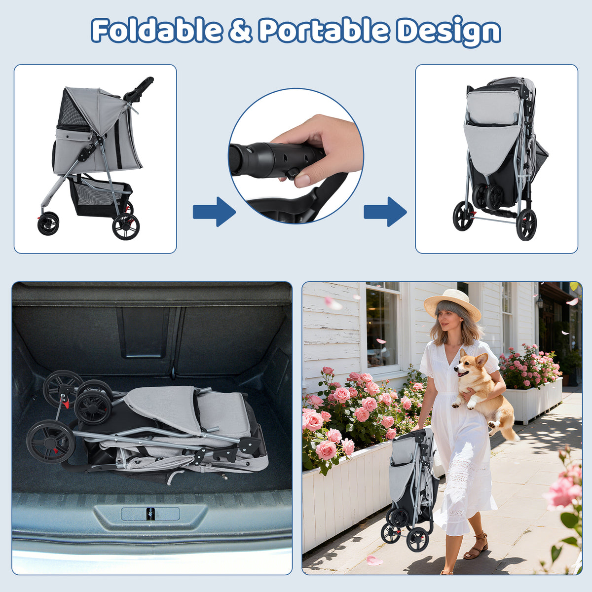 The grey pet stroller folded and placed in a car boot and being carried