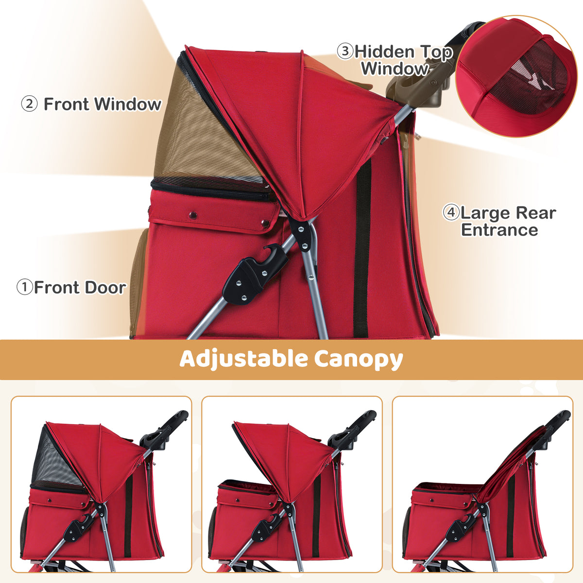 Close-up of the red pet stroller canopy, showing adjustable positions and different entrances