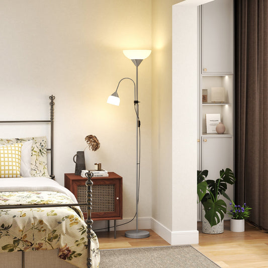 مصباح أرضي LED من HOMCOM لغرفة المعيشة، مصباح قائم بطول 180 سم، إضاءة علوية للأم والطفل مع عنق مرن قابل للتعديل، لون فضي