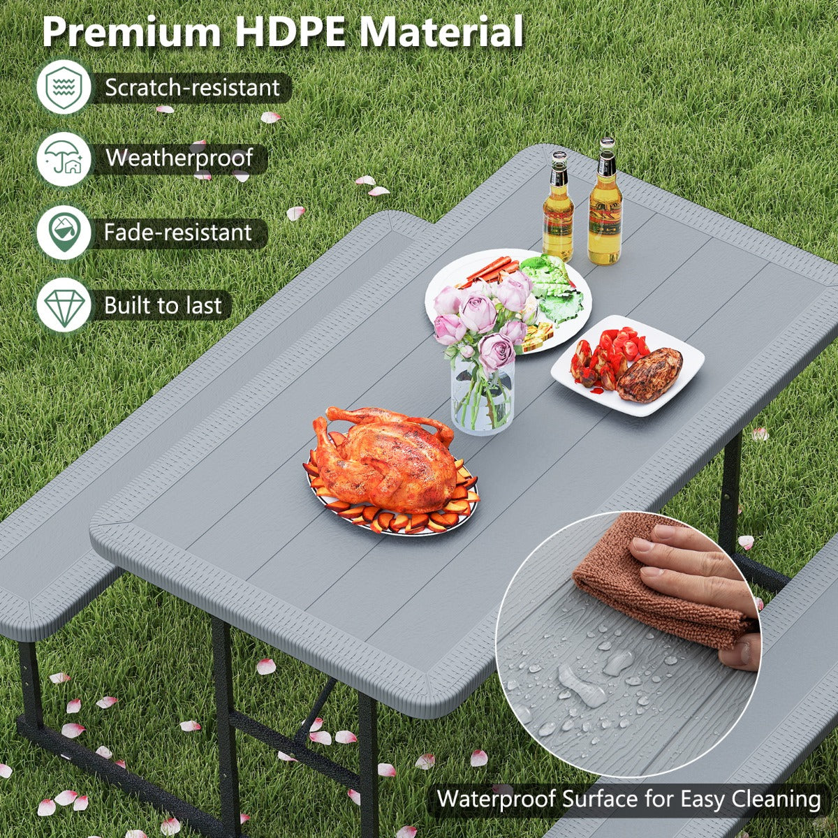 Outdoor Rectangular Camping Dining Table and 2 Benches with Umbrella Hole-Grey