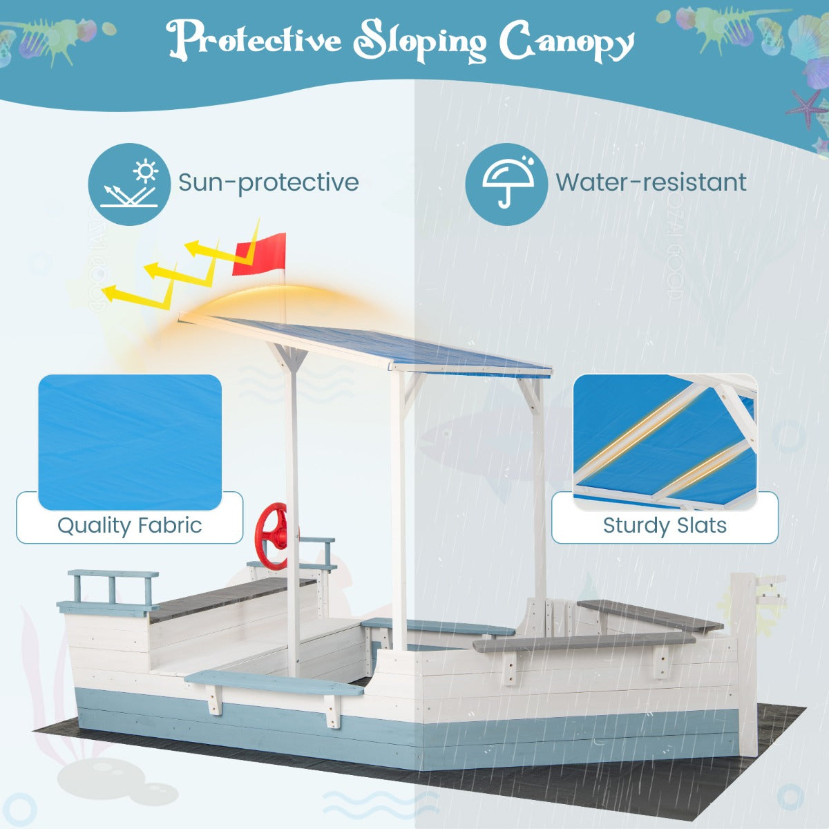 The pirate ship sandbox with canopy showing protective sloping canopy and quality fabric