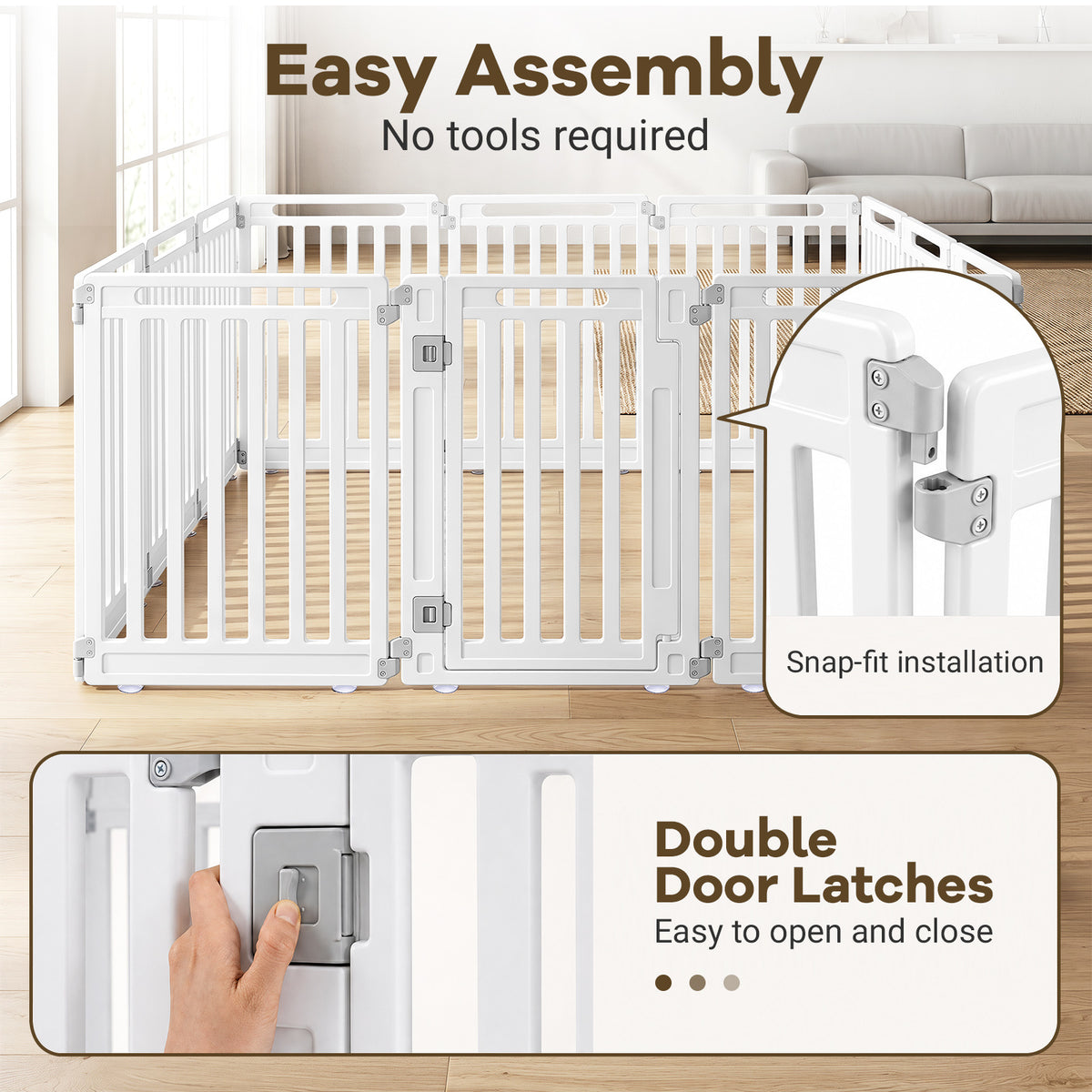 The pet gates showing close-ups of the snap-fit connectors and the door latch mechanism