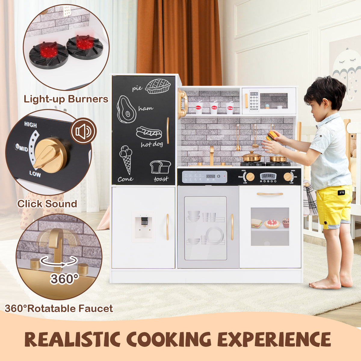 The play kitchen set with circular insets showing light-up burners and a rotatable faucet