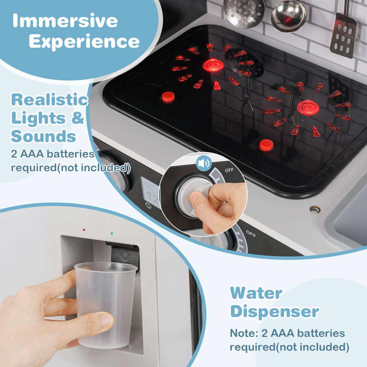 Close up of the play kitchen's water dispenser and stovetop lights