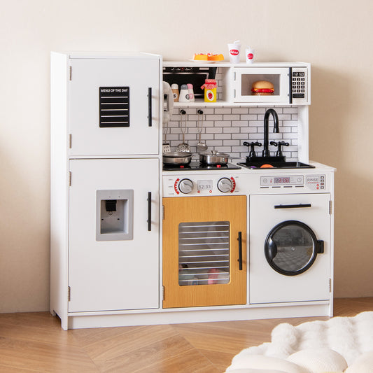 The play kitchen set styled with toy food items in a bright room with wooden flooring