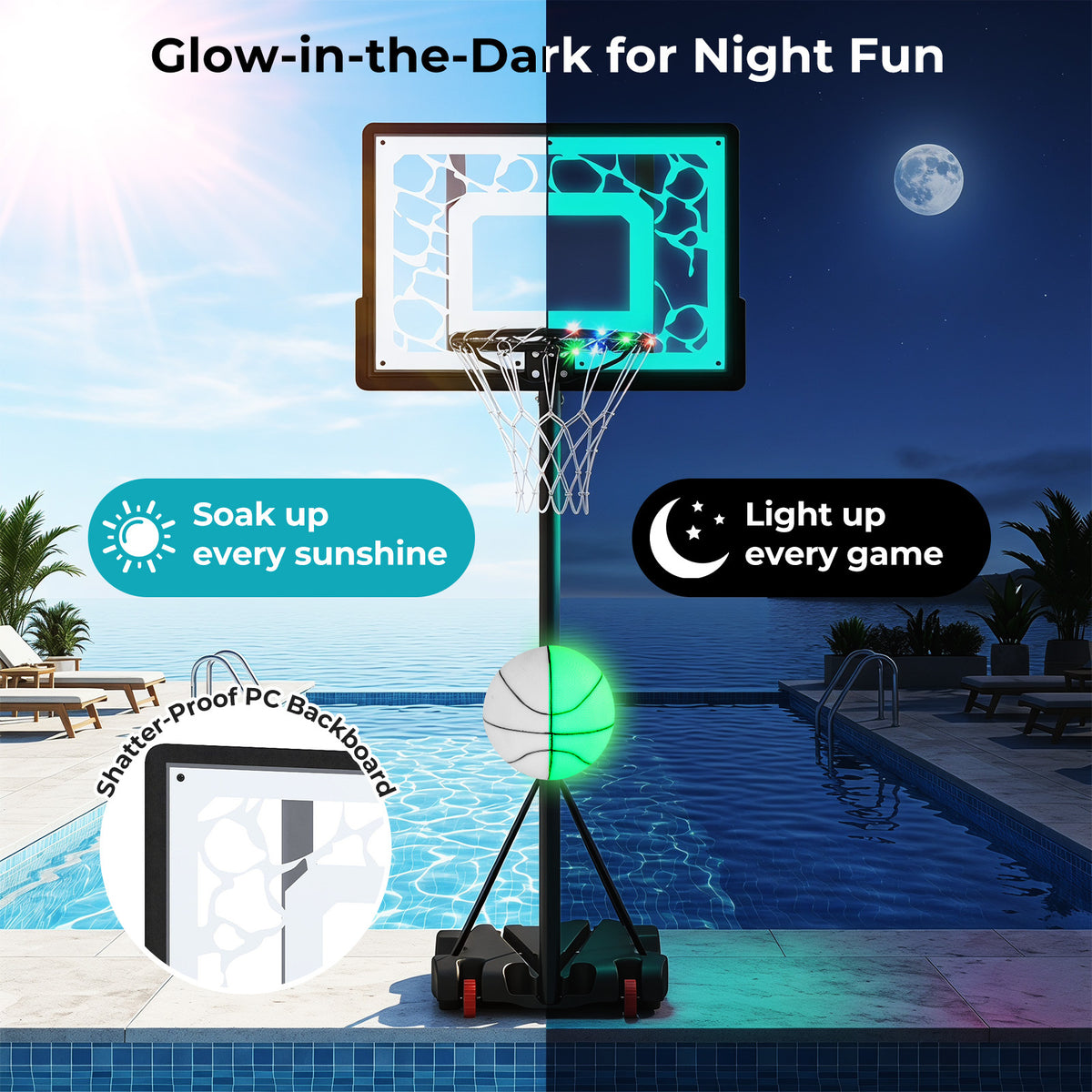 The basketball hoop showing its LED lights and shatter-proof backboard