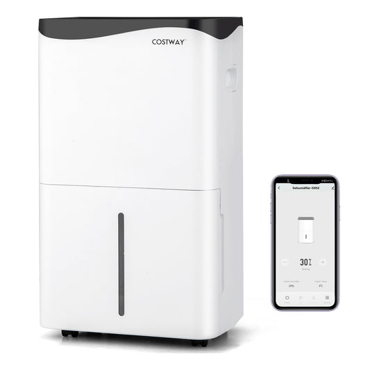 White portable dehumidifier with a water tank and a smartphone showing app interface
