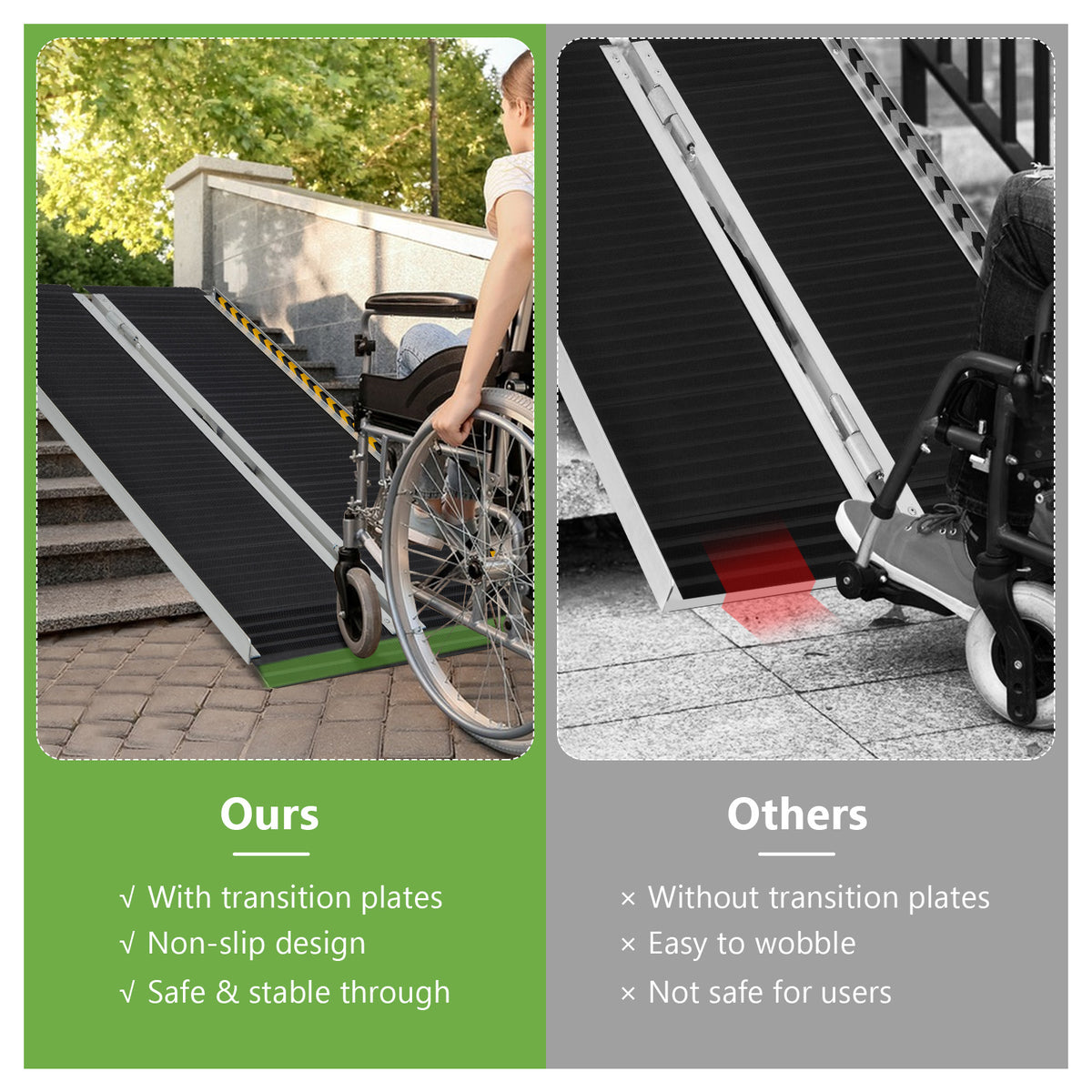 Comparison of the portable aluminum wheelchair ramp with transition plates versus others
