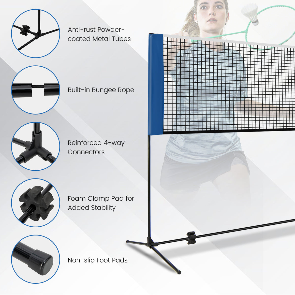 Close up of the blue badminton net frame showing connectors and feet