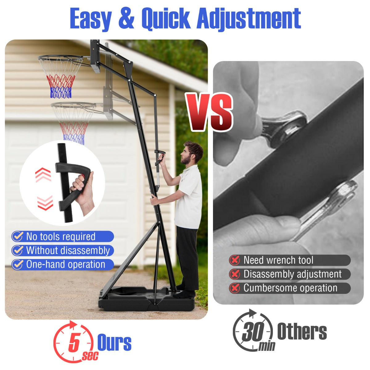 The basketball hoop demonstrating the quick and easy height adjustment mechanism
