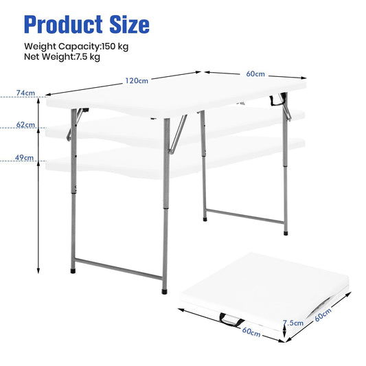 Camping furniture size diagram showing dimensions and folded table