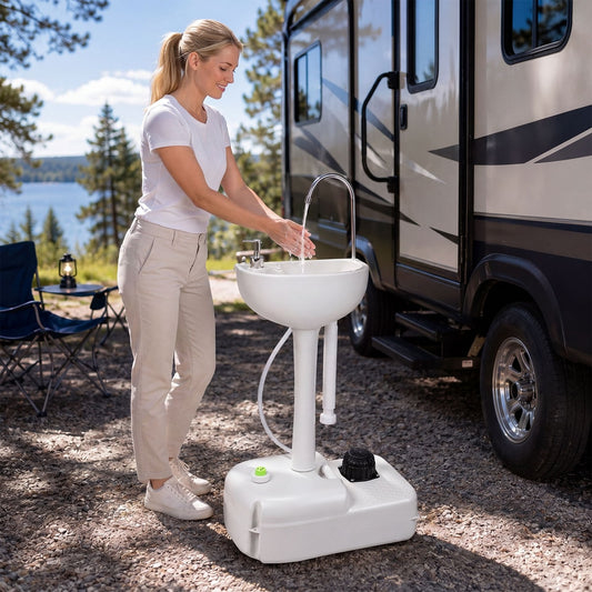 A woman uses the portable camping sink next to a campervan