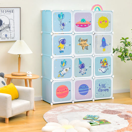 The blue kids storage unit in a child's bedroom with toys and clothes inside