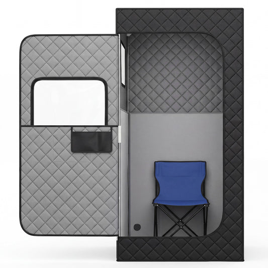 The sauna cabin with the front door open revealing a blue folding chair placed inside