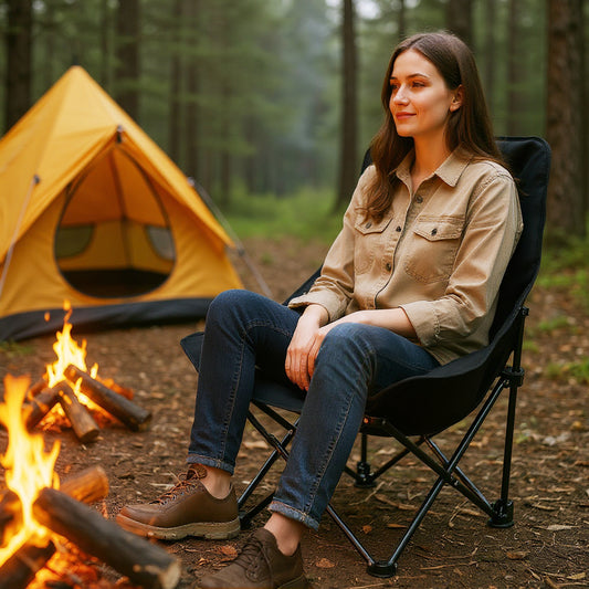The camping furniture being used by a woman sitting by a campfire near a tent