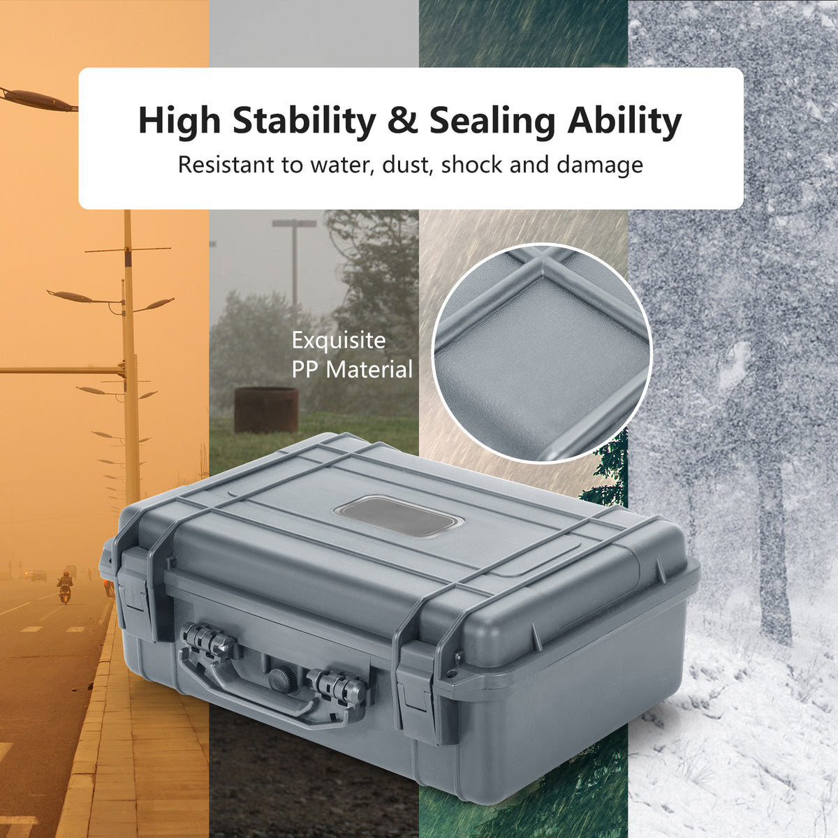 The grey camping case is shown in different weather conditions