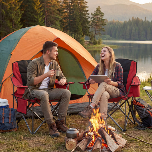 Couple sitting by a campfire and lake using the camping chairs