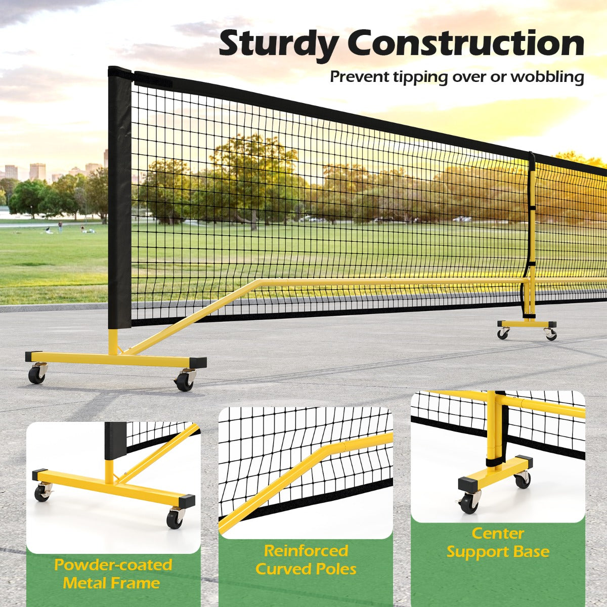 Portable Regulation Size Pickle Ball Net System, the sport equipment showing the frame and support base details