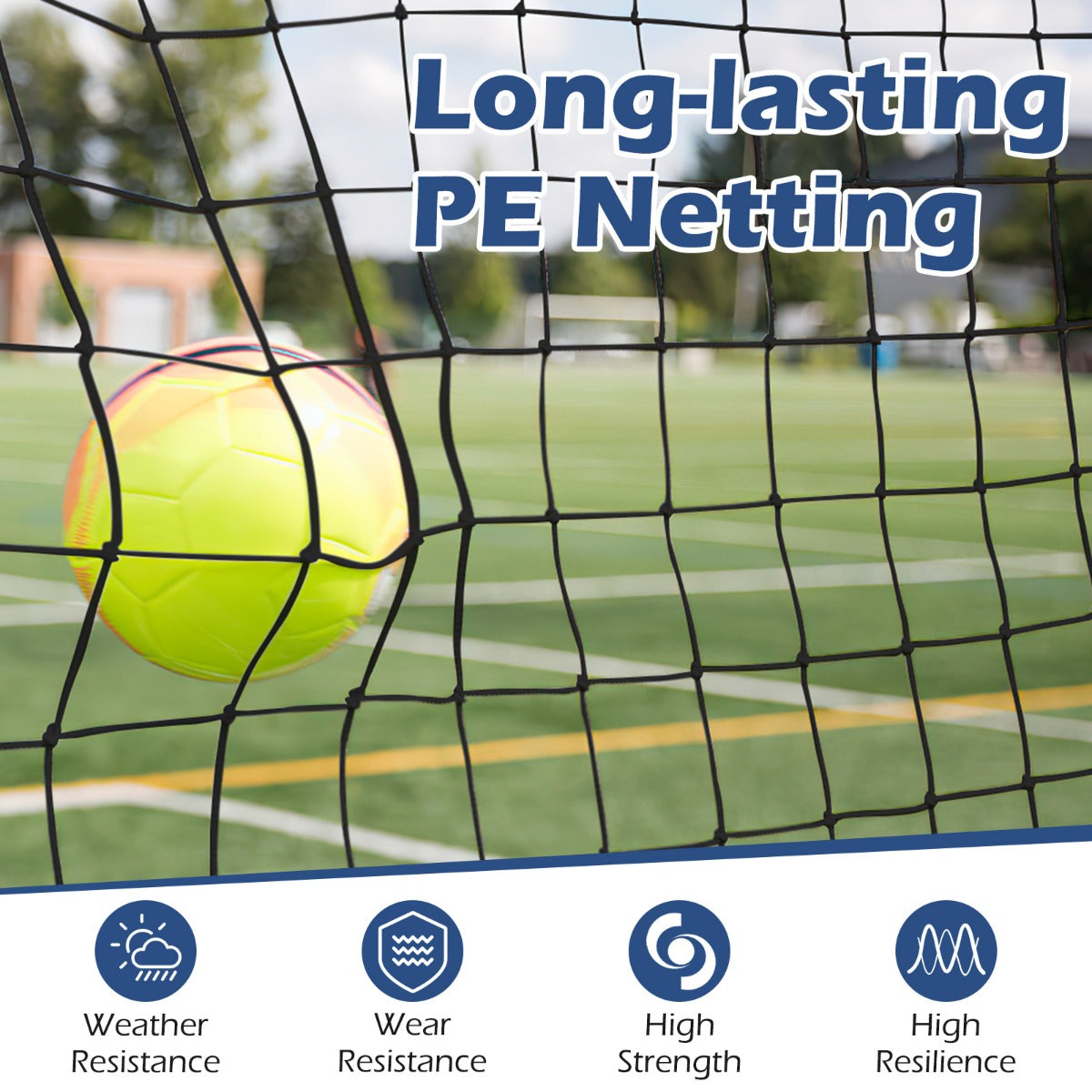 Close up of the soccer rebounder net showing the PE netting with a football