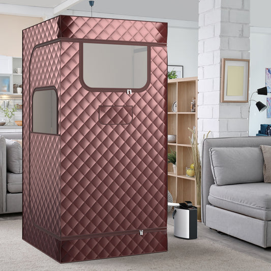 The portable sauna cabin standing in a bright living room next to a sofa