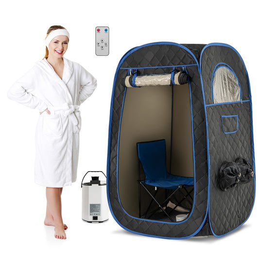The spa tent set up with a chair inside and a woman in a bathrobe standing nearby