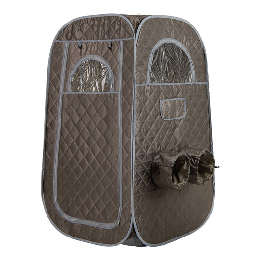 The grey quilted steam sauna tent with two clear windows and two circular leg openings