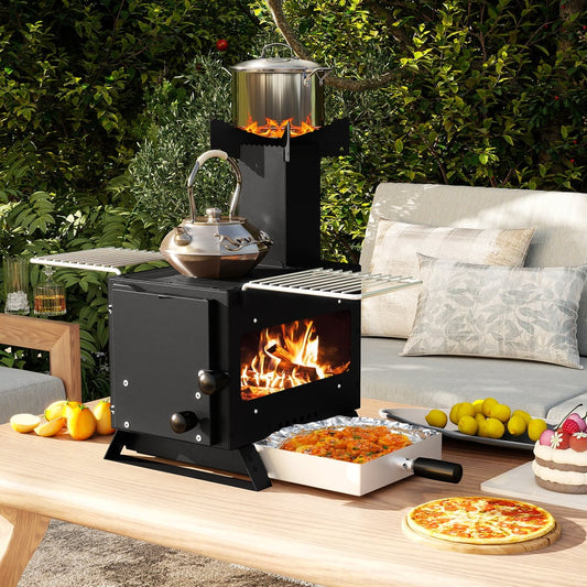 The portable wood burning stove mini heater burner set up for cooking outdoors