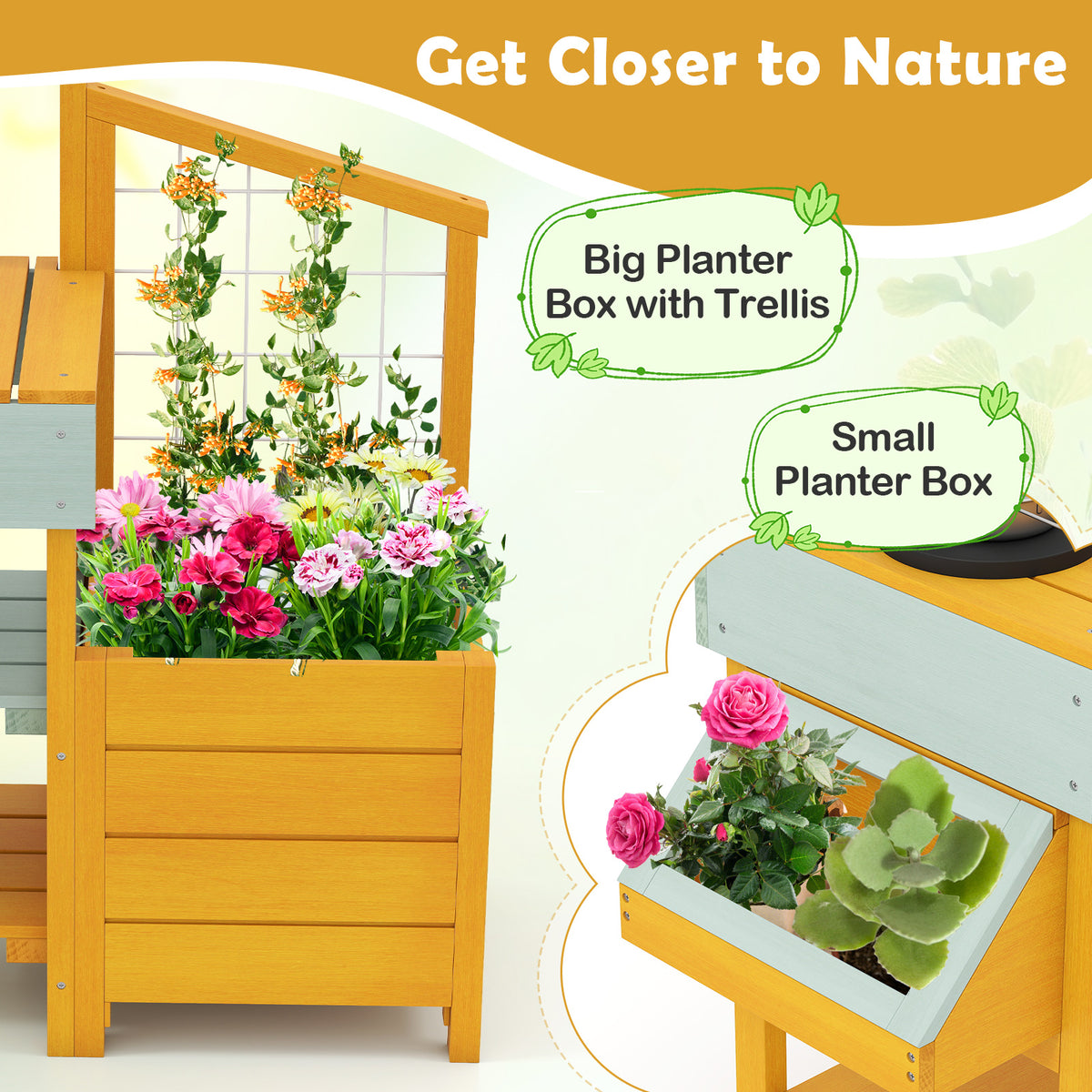 Close-up of the planter boxes on the yellow mud kitchen with plants