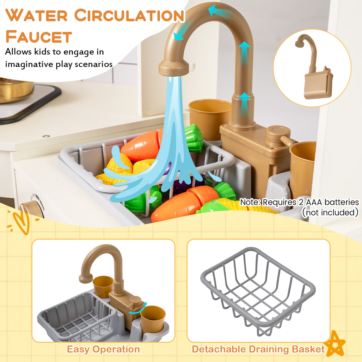 The play kitchen set sink area showing water flowing from the tap into a draining basket
