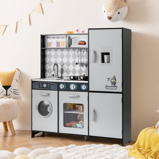The play kitchen set placed in a child's bedroom with soft decor and a diamond pattern backsplash