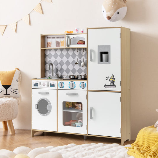 The play kitchen set with washing machine, oven and fridge is shown in a child's bedroom