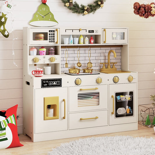 The play kitchen set is shown in a festive room setting with Christmas decorations