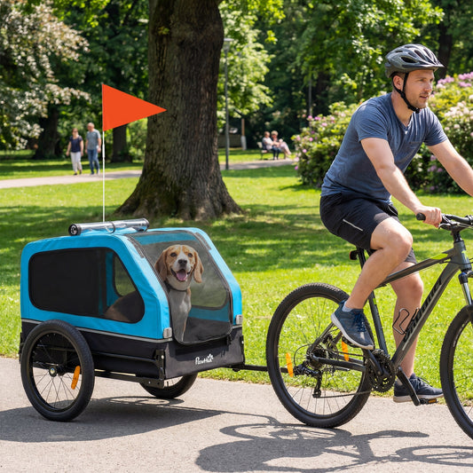 PawHut Dog Bike Trailer with Flip-Down Ramp Tailgate, Quick Release Frame, Universal Bicycle Coupler, Reflectors, Blue