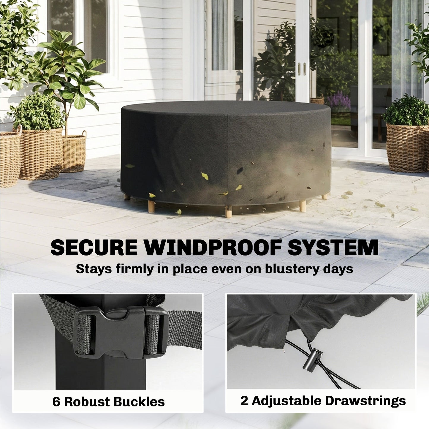 غطاء أثاث دائري للحديقة من Outsunny، غطاء طاولة حديقة مقاوم للماء، أكسفورد شديد التحمل 420D للاستخدام الخارجي، قطر 214 × 70 سم، أسود