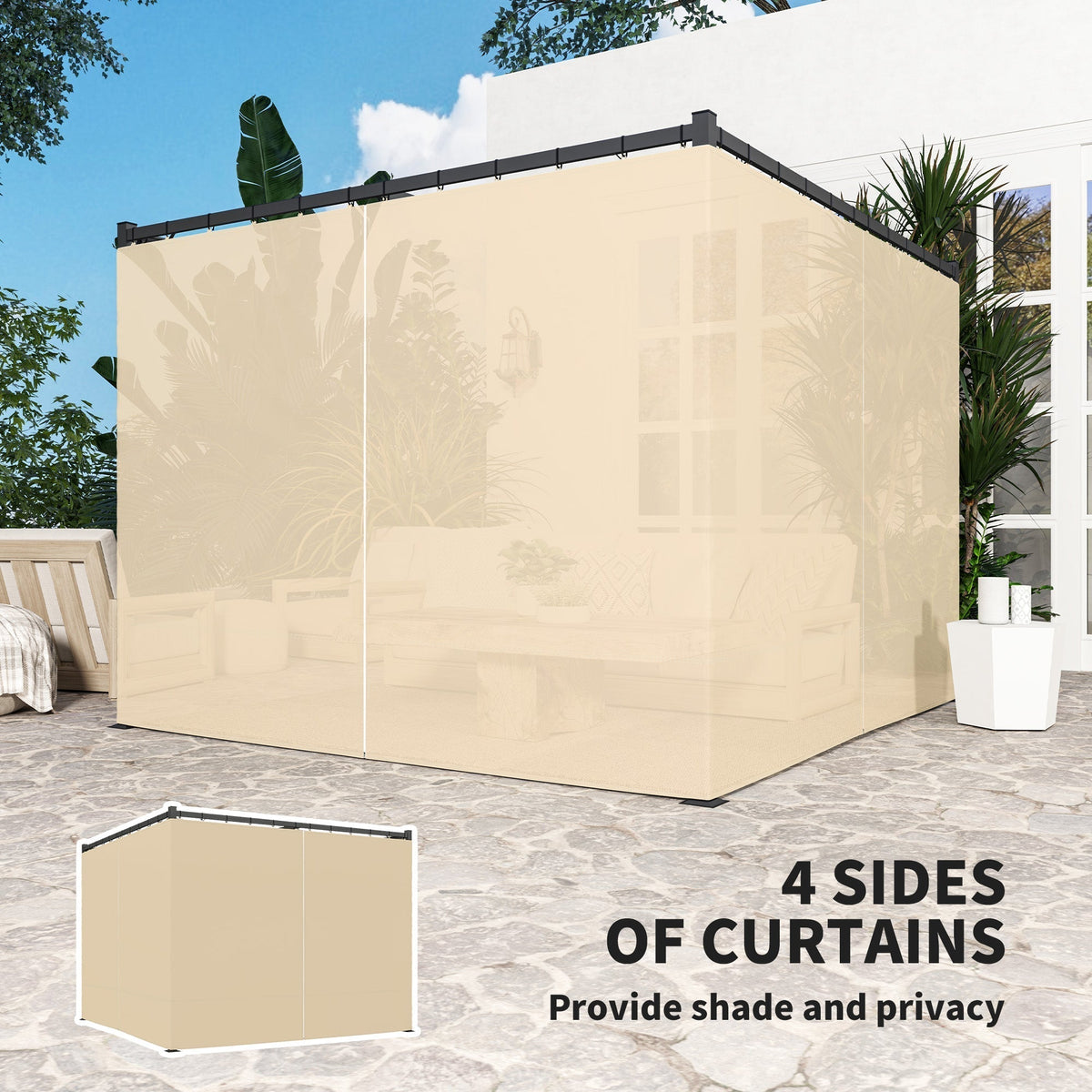 Outsunny 3 x 3m Retractable Roof Pergola, with Curtains - Khaki