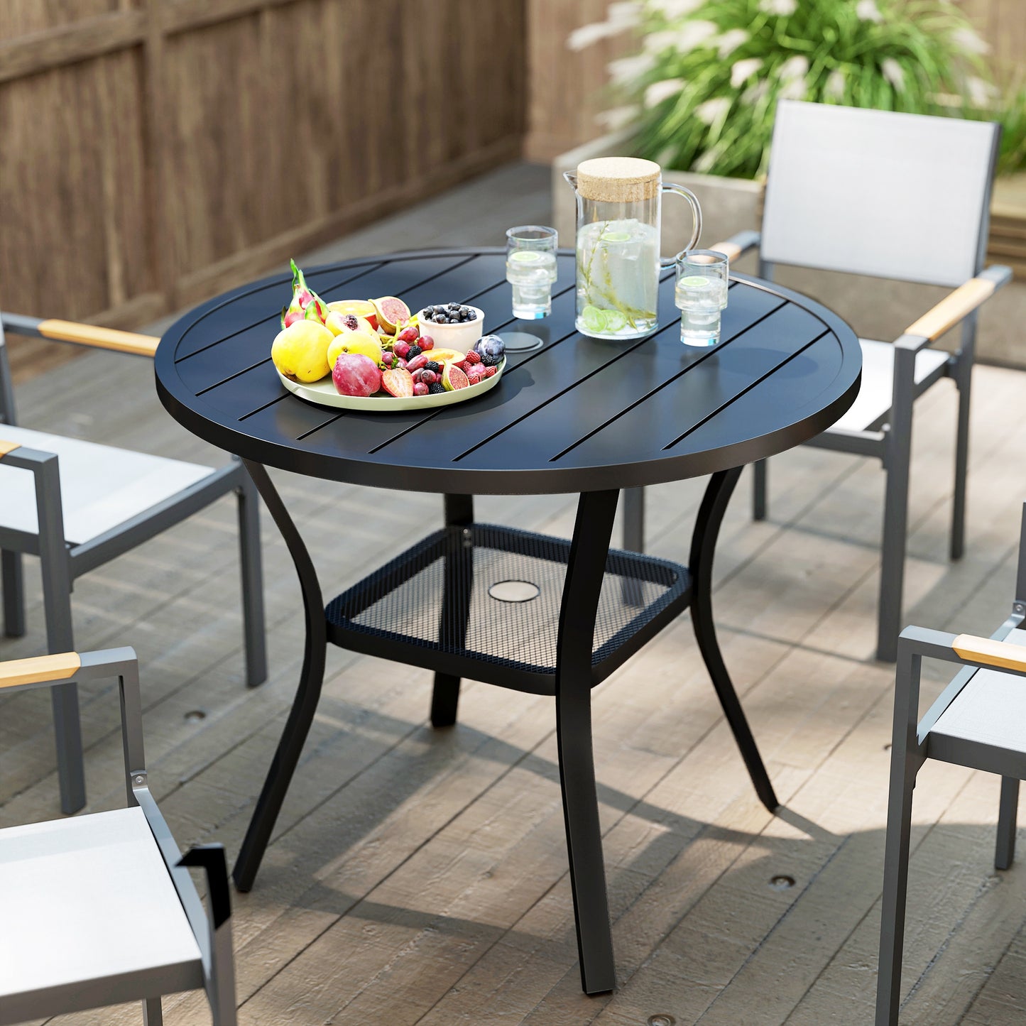Outsunny 90 cm Garden Dining Table with 4-5 cm Parasol Hole, Round Outdoor Dining Table, Steel Garden Table with Slatted Metal Top and Wire Shelf for Balcony, Porch, Black