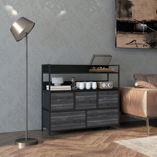 HOMCOM Rustic Chest of Five Fabric Drawers in Black