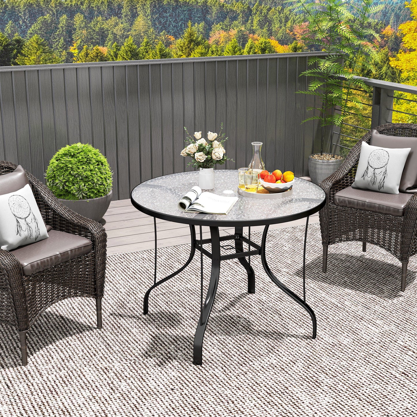 Outsunny Tempered Glass Top Round Outdoor Dining Table with Parasol Hole, 96.5 x 96.5 x 71 cm