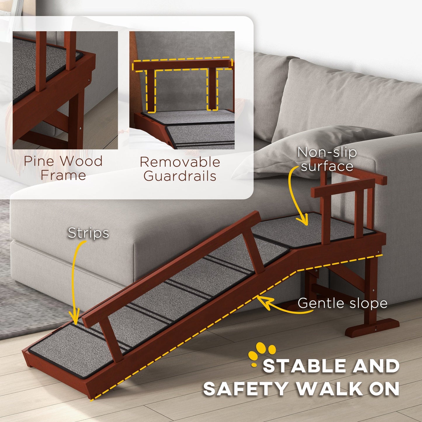 PawHut Wooden Dog Ramp with Removable Guardrails, Non-Slip Surface, 125 cm Long, Brown