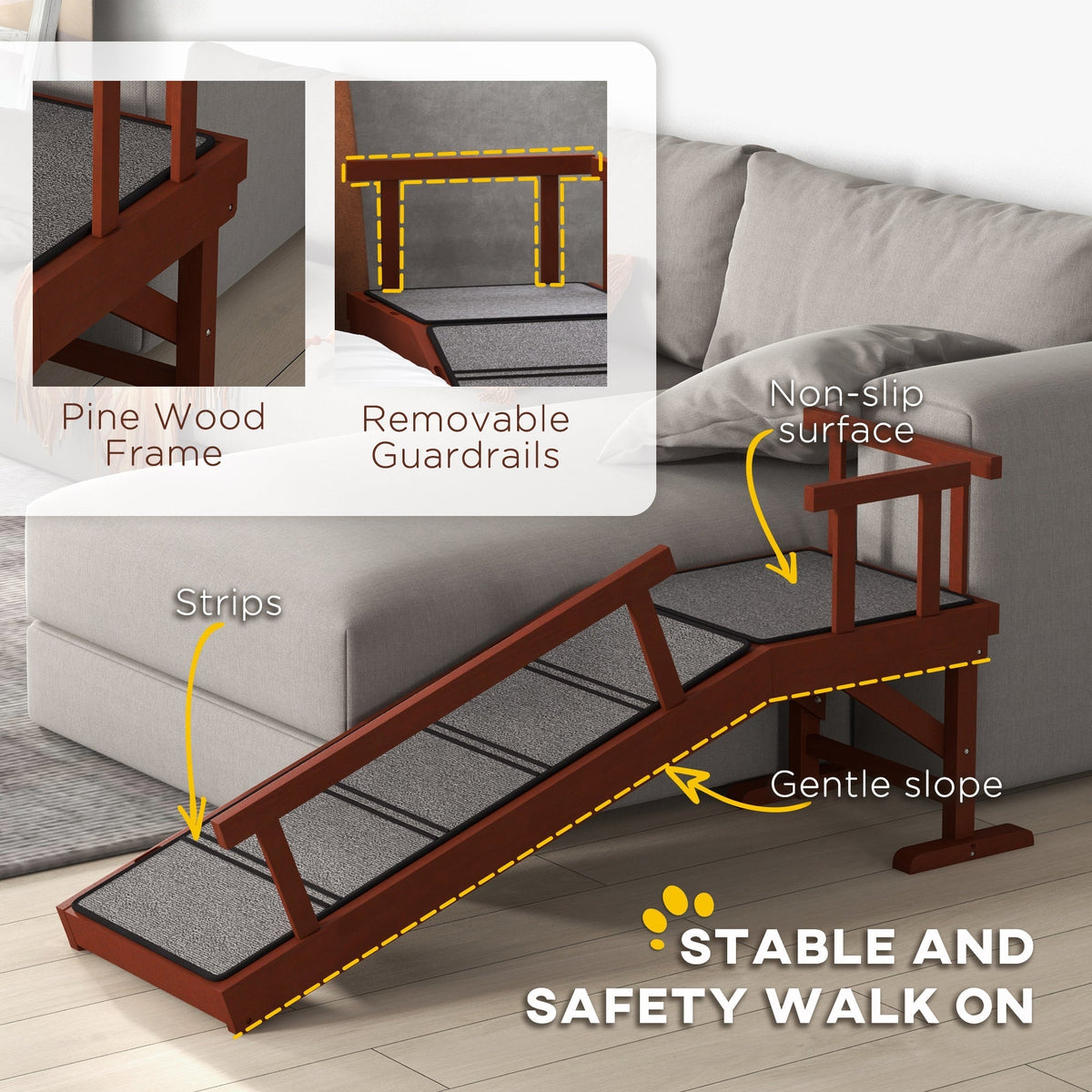 PawHut Wooden Dog Ramp with Removable Guardrails, Non-Slip Surface, 125 cm Long, Brown