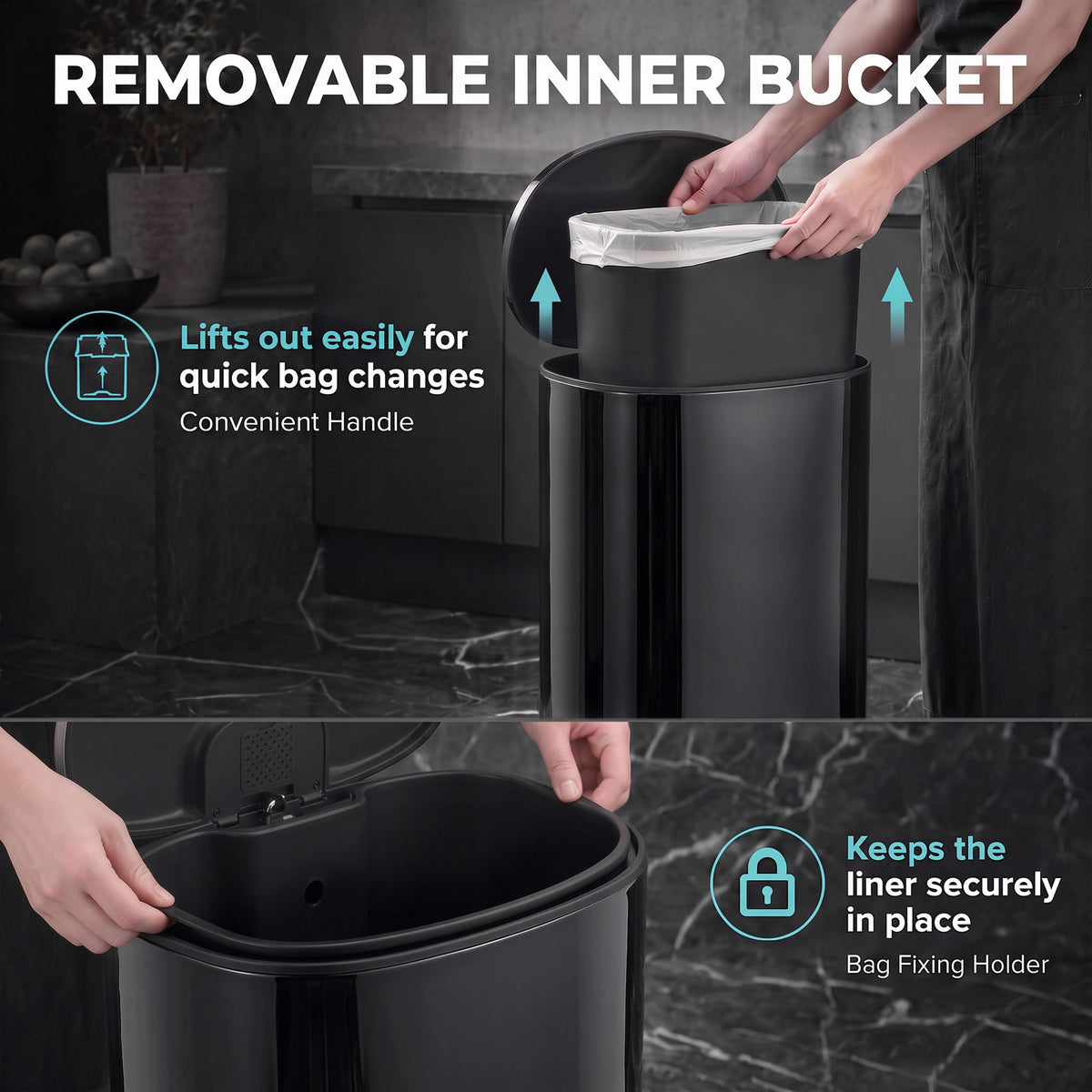 HOMCOM 50L Kitchen Pedal Bin, Rubbish Bin with Soft-Close and Stay-Open Lid, Removable Inner Bucket, Black