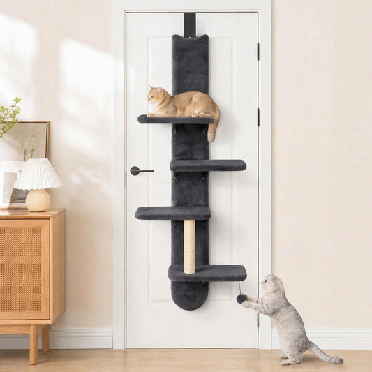 PawHut Door Hanging Cat Shelf, 4-Level Over Door Cat Climber with Platforms, Scratching Post and Hanging Ball, Dark Grey