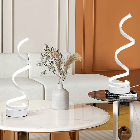 طقم مصباح طاولة LED عصري بتصميم مموج مكون من قطعتين من HOMCOM مع قاعدة معدنية مستديرة لغرفة المعيشة وغرفة النوم، أبيض