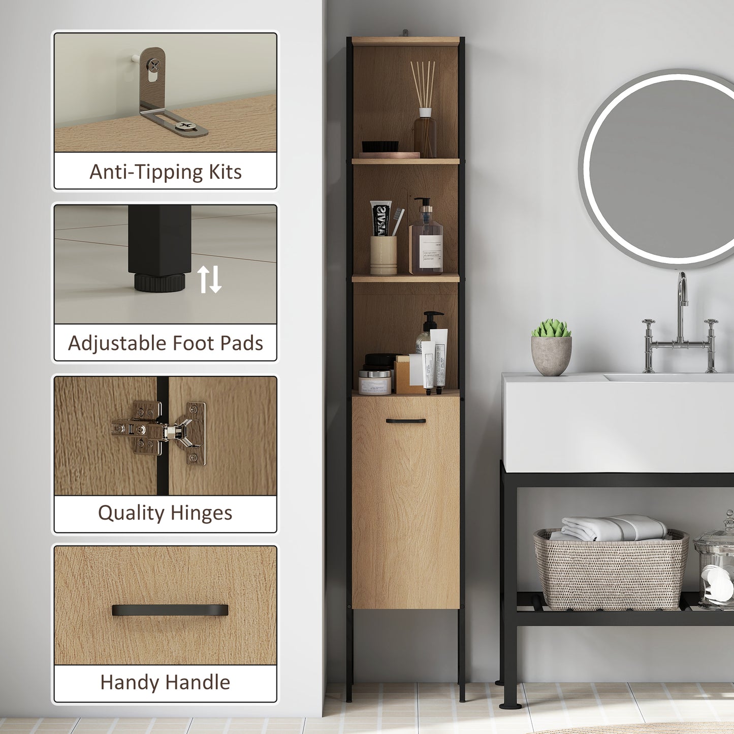 HOMCOM Tall Bathroom Cabinet with Open Shelves and Adjustable Shelf - Natural Wood Finish