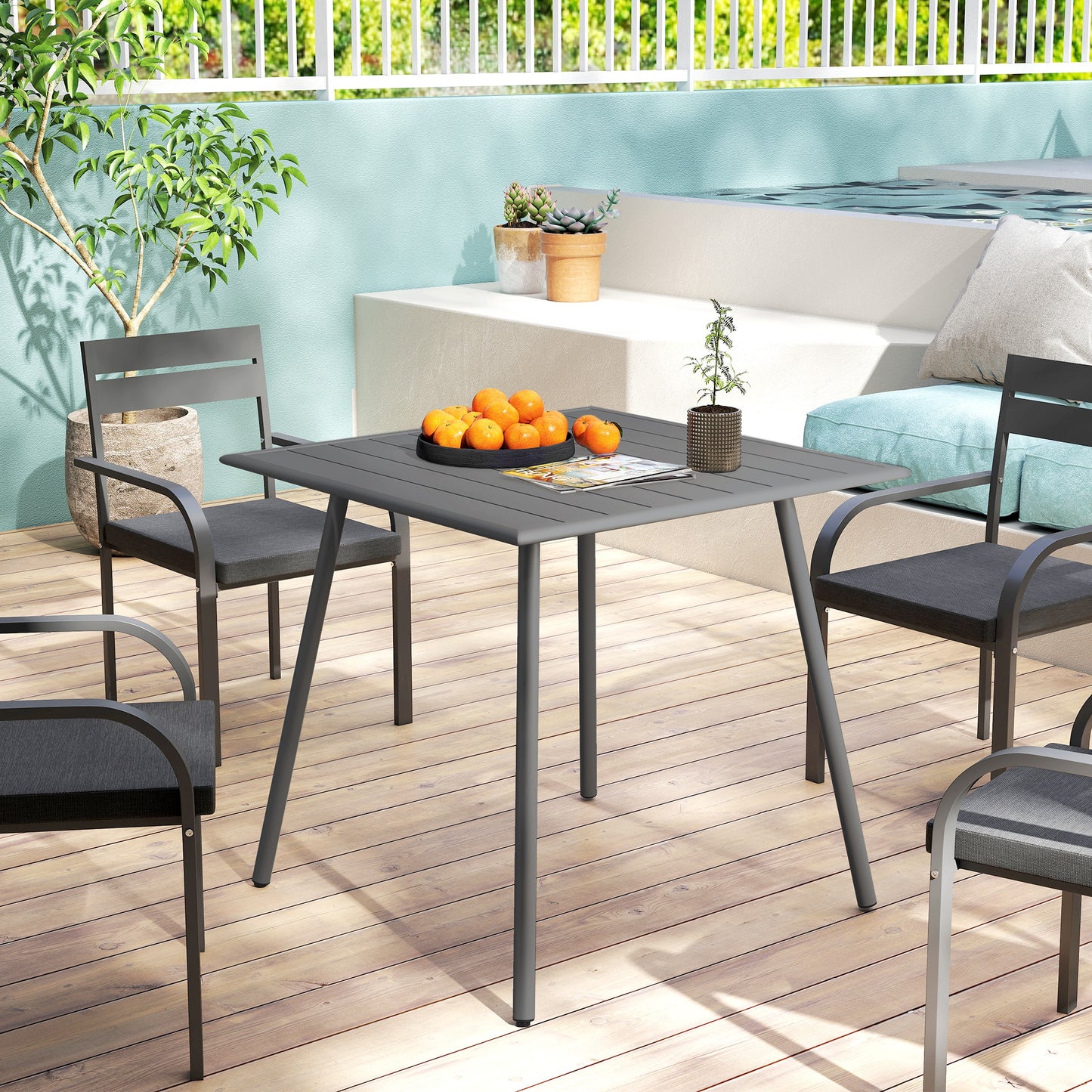Outsunny Square Garden Table with Slat Top, Steel Frame, Outdoor Table for 4 Person, 80 x 80 x 74 cm, Grey